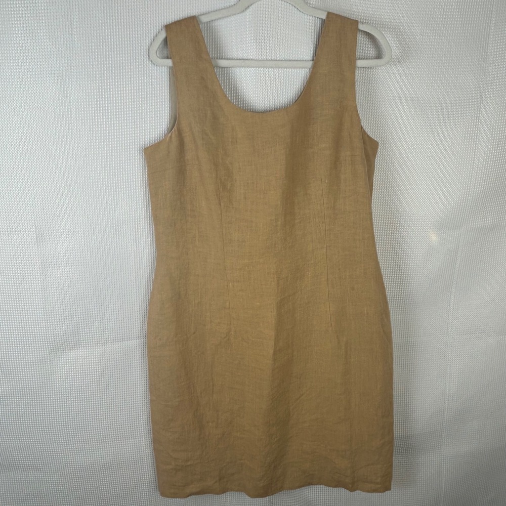 NY Sake Womens Linen Sheath Dress Size 14 Tan Sleeveless Scoop Neck Classic
